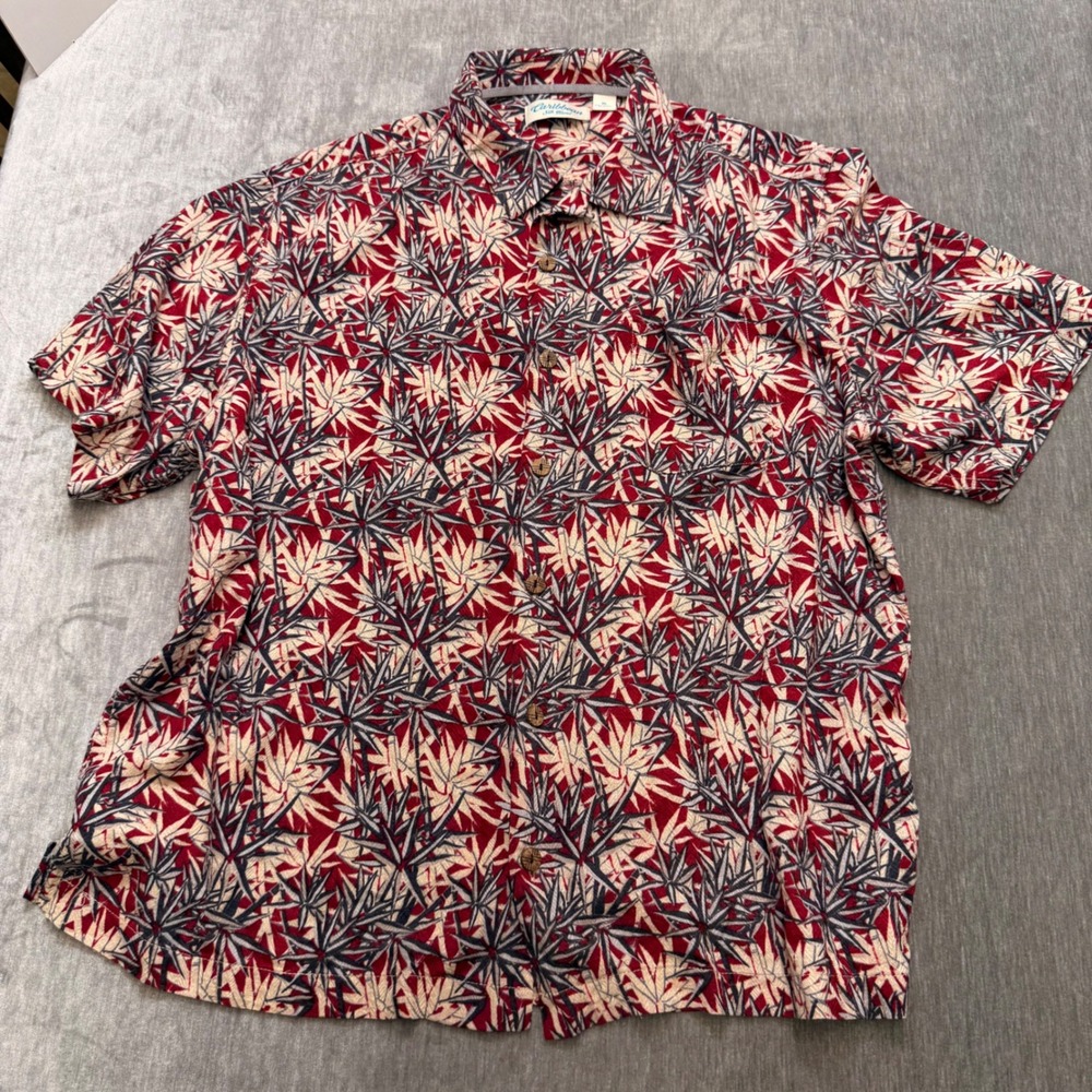 Caribbean Silk Blend Mens XL Red Bamboo Leaf Print Short Sleeve Button Up Shirt